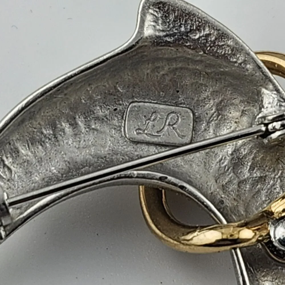 Silver Gold Dolphin‎ Brooch Brushed Vintage Signed Lady Remington LR  1970s